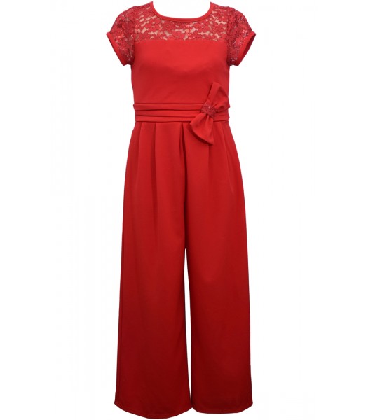Bonnie Jean Red Side Bow Jumpsuit With Sequin Lace Bodice 
